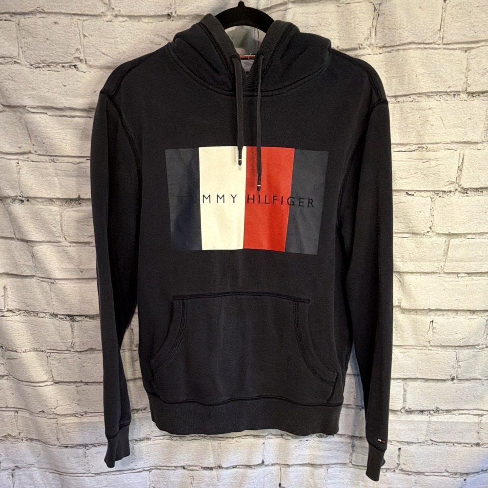 Tommy Hilfiger Hoodie Men's L Navy Blue Big Logo Flag Pullover Sweatshirt SZ S